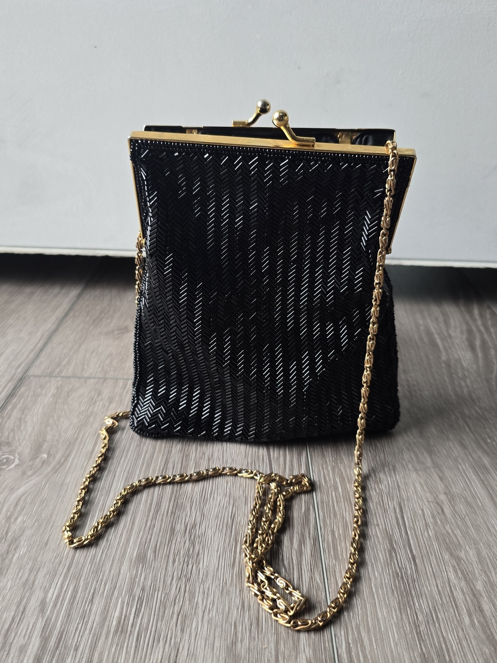 Bloomingdale's Vintage Black Bugle Bead Evening Bag Gold Frame Chain